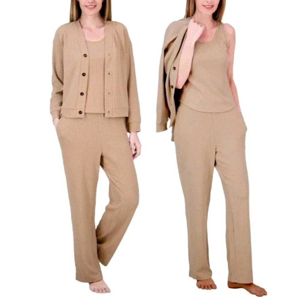 Live 2 Lounge Women's 3-Piece Cable Knit Textured Lounge Set, Tan, Size XXL